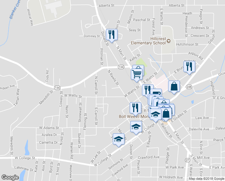 map of restaurants, bars, coffee shops, grocery stores, and more near 102 Annette Street in Enterprise