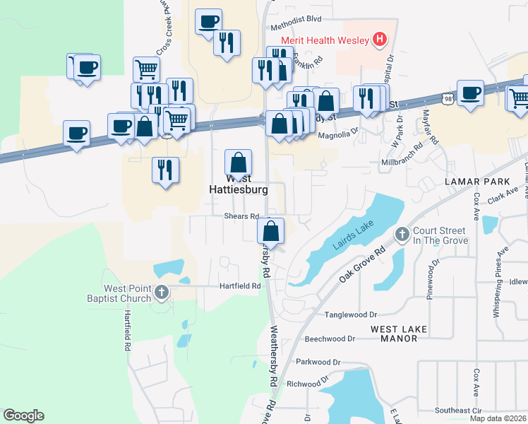 map of restaurants, bars, coffee shops, grocery stores, and more near 670 Weathersby Road in Hattiesburg