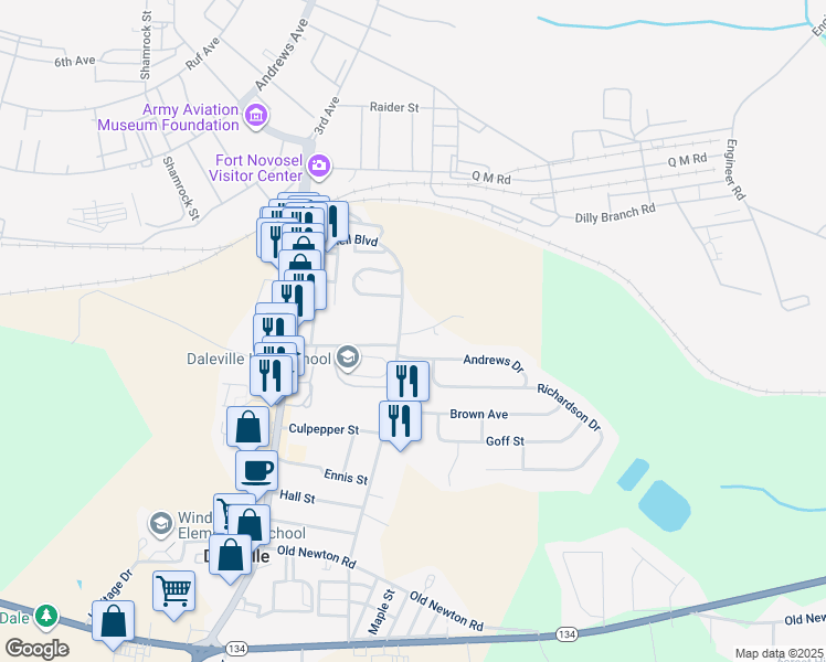 map of restaurants, bars, coffee shops, grocery stores, and more near 16 Somerset Parkway in Daleville