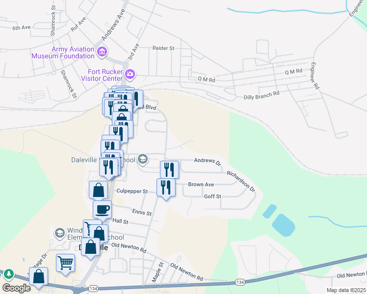 map of restaurants, bars, coffee shops, grocery stores, and more near 40 Somerset Parkway in Daleville