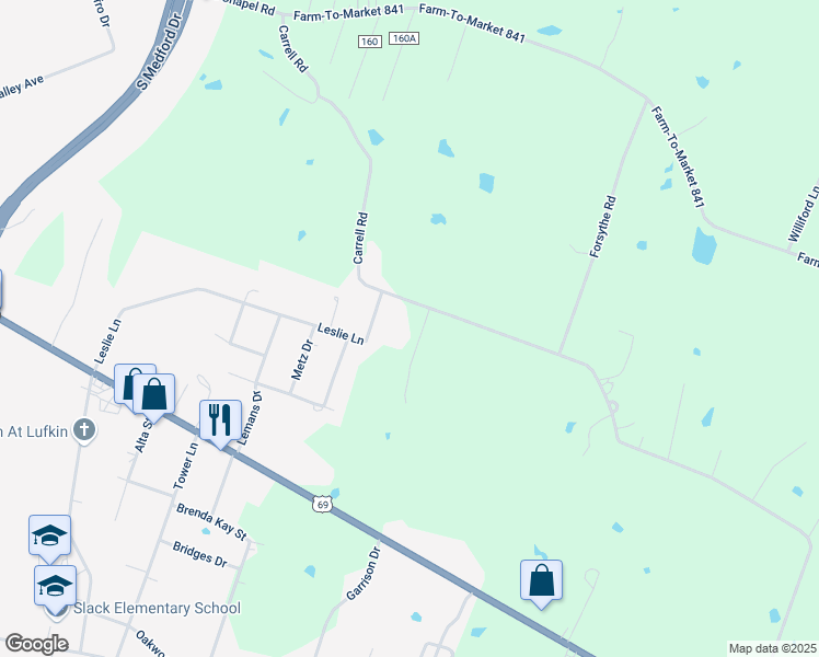 map of restaurants, bars, coffee shops, grocery stores, and more near 900 Carrell Road in Lufkin