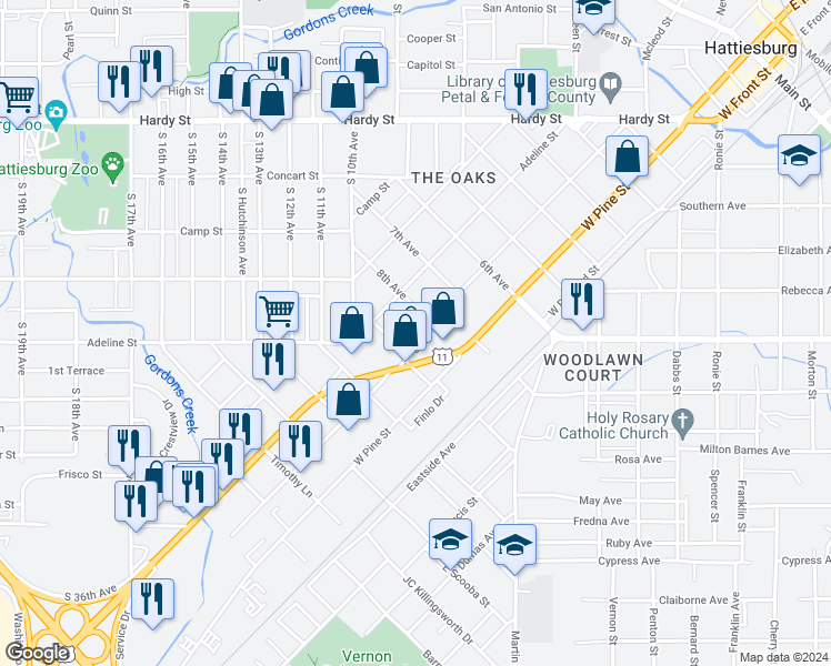 map of restaurants, bars, coffee shops, grocery stores, and more near Corinne Street in Hattiesburg