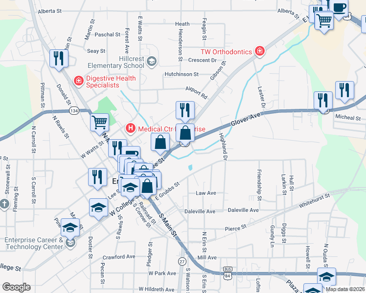 map of restaurants, bars, coffee shops, grocery stores, and more near 407 East Lee Street in Enterprise