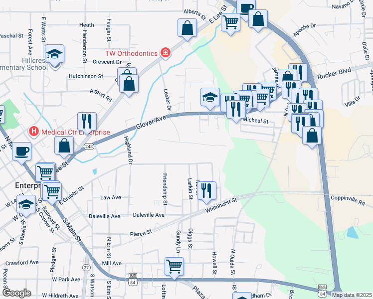 map of restaurants, bars, coffee shops, grocery stores, and more near 200 Heron Cove Drive in Enterprise