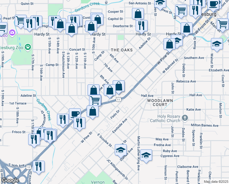 map of restaurants, bars, coffee shops, grocery stores, and more near Corinne Street in Hattiesburg