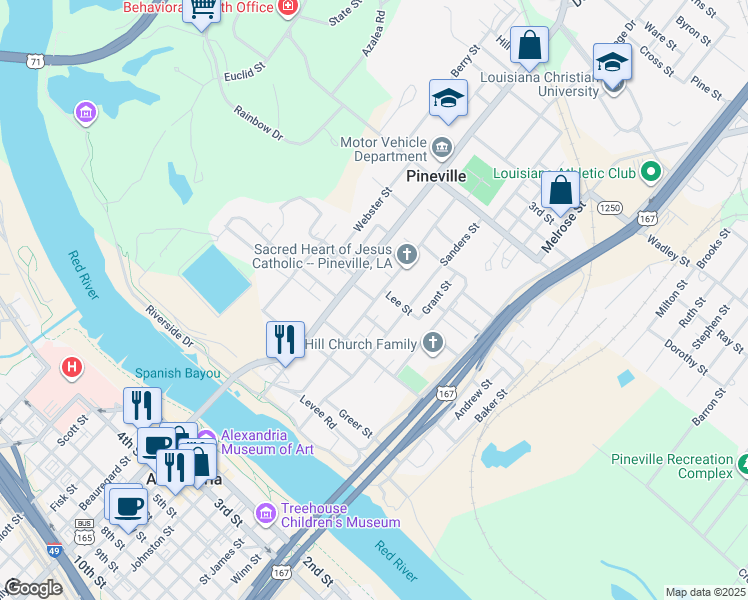 map of restaurants, bars, coffee shops, grocery stores, and more near 198 Harrison Street in Pineville
