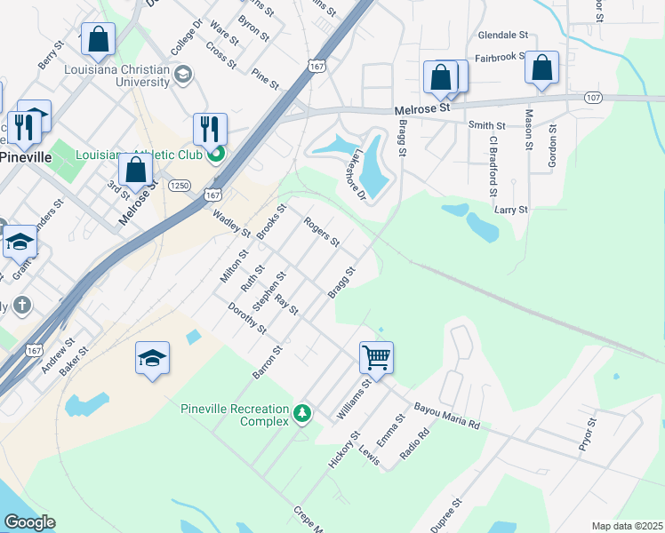 map of restaurants, bars, coffee shops, grocery stores, and more near 112 Anthony Street in Pineville
