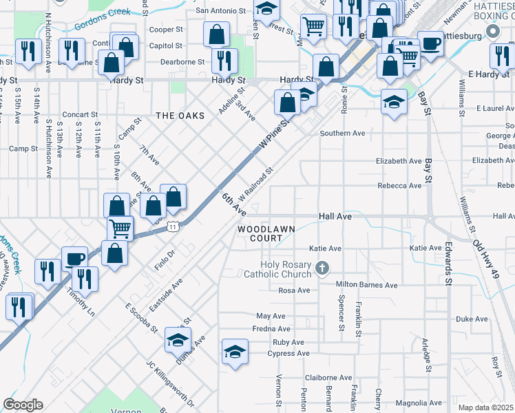 map of restaurants, bars, coffee shops, grocery stores, and more near 102 Hall Avenue in Hattiesburg