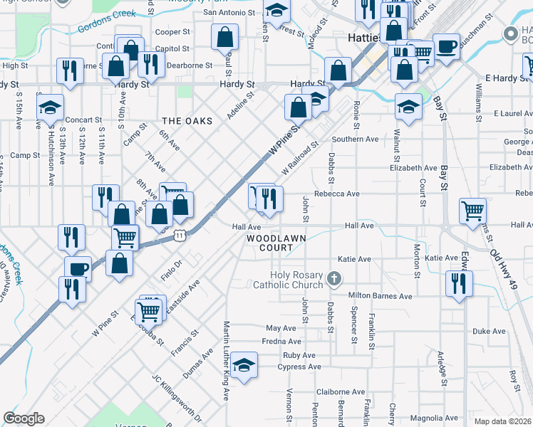 map of restaurants, bars, coffee shops, grocery stores, and more near 102 Hall Avenue in Hattiesburg