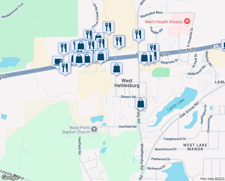 map of restaurants, bars, coffee shops, grocery stores, and more near 14 Lakewood Drive in Hattiesburg