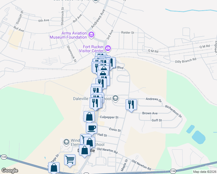 map of restaurants, bars, coffee shops, grocery stores, and more near 90 Fannie Morris Drive in Daleville