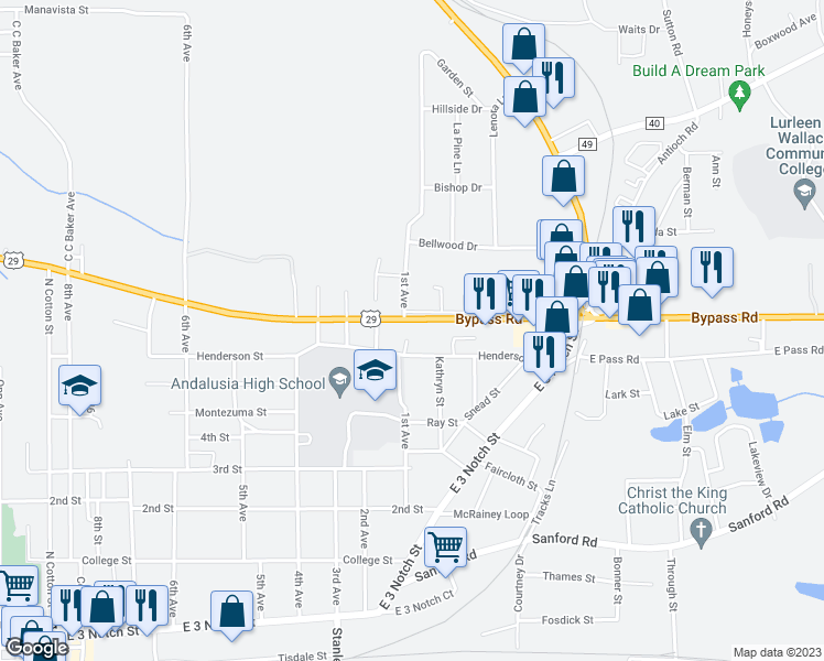 map of restaurants, bars, coffee shops, grocery stores, and more near Martin Luther King Junior Expressway in Andalusia