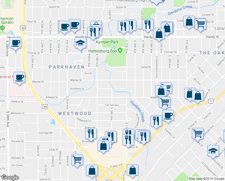 map of restaurants, bars, coffee shops, grocery stores, and more near 506 South 18th Avenue in Hattiesburg