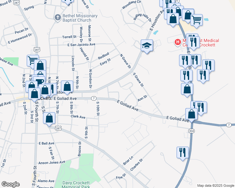 map of restaurants, bars, coffee shops, grocery stores, and more near 100 12th Street in Crockett
