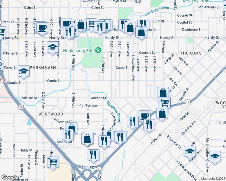 map of restaurants, bars, coffee shops, grocery stores, and more near 416 South 16th Avenue in Hattiesburg