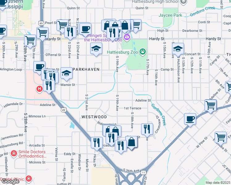 map of restaurants, bars, coffee shops, grocery stores, and more near 1901-1915 Brooklane Drive in Hattiesburg