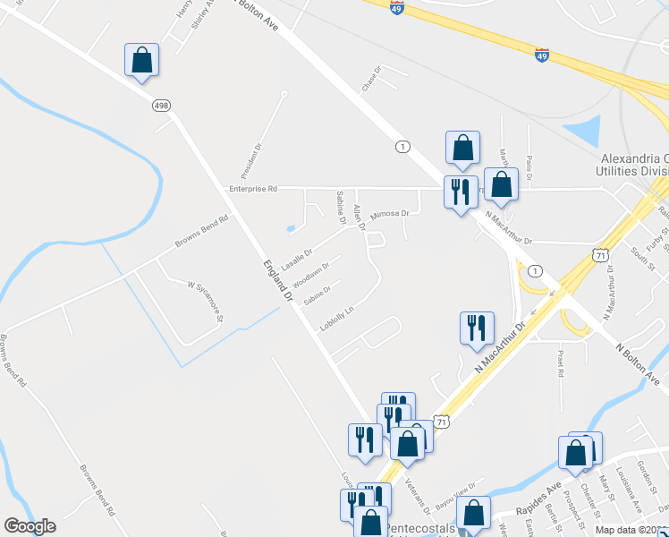 map of restaurants, bars, coffee shops, grocery stores, and more near 2717 Woodlawn Drive in Alexandria