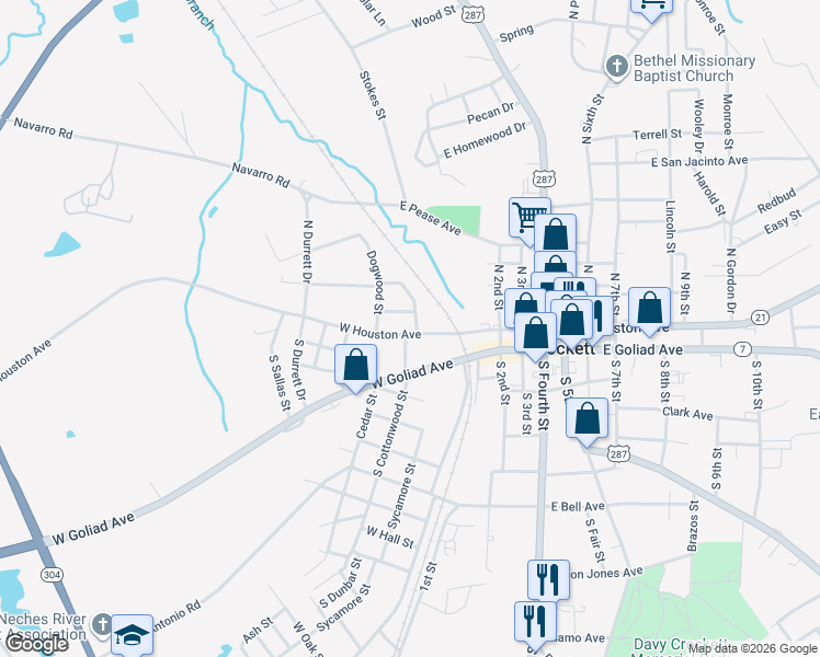 map of restaurants, bars, coffee shops, grocery stores, and more near 200 West Houston Avenue in Crockett