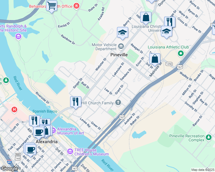 map of restaurants, bars, coffee shops, grocery stores, and more near 522 Lakeview Street in Pineville