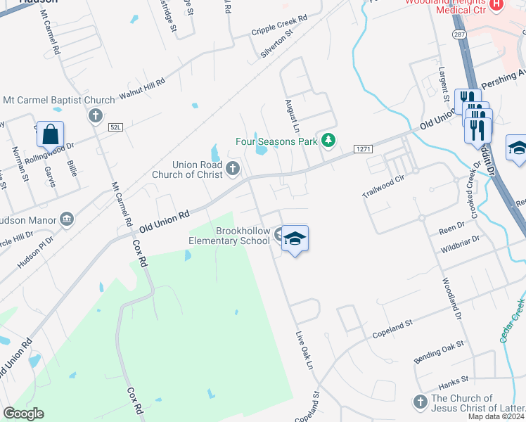 map of restaurants, bars, coffee shops, grocery stores, and more near 101/103 Hummingbird Lane in Lufkin