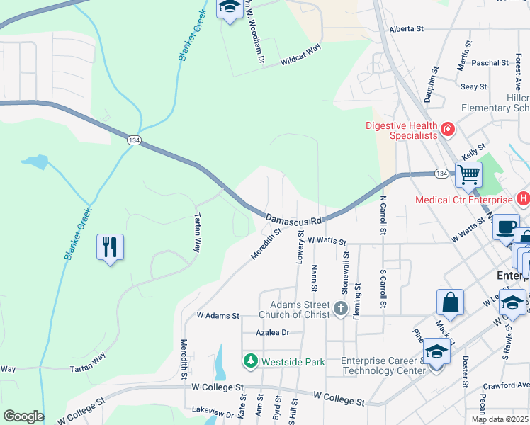 map of restaurants, bars, coffee shops, grocery stores, and more near 108 Cody Road in Enterprise