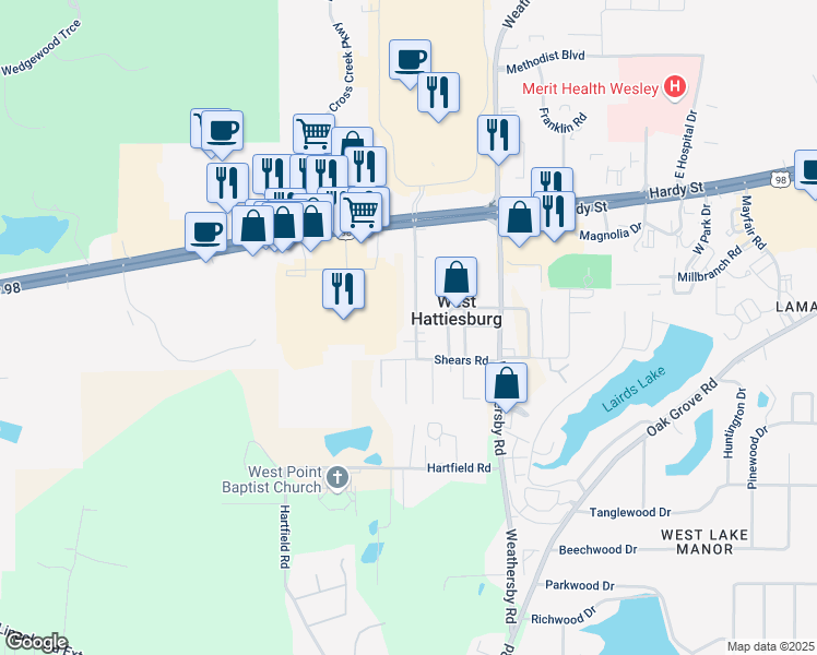 map of restaurants, bars, coffee shops, grocery stores, and more near 14 Lakewood Drive in Hattiesburg