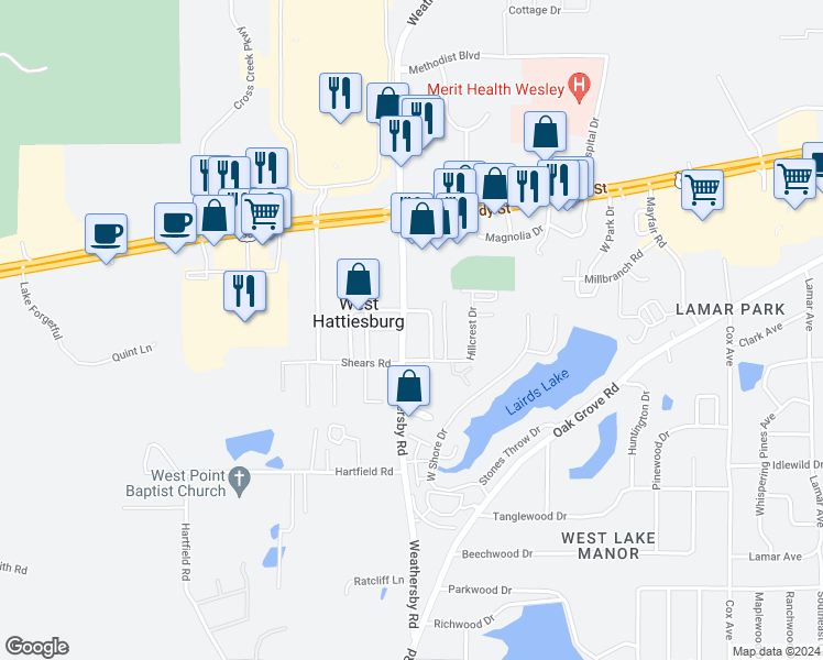map of restaurants, bars, coffee shops, grocery stores, and more near 650 Weathersby Road in Hattiesburg