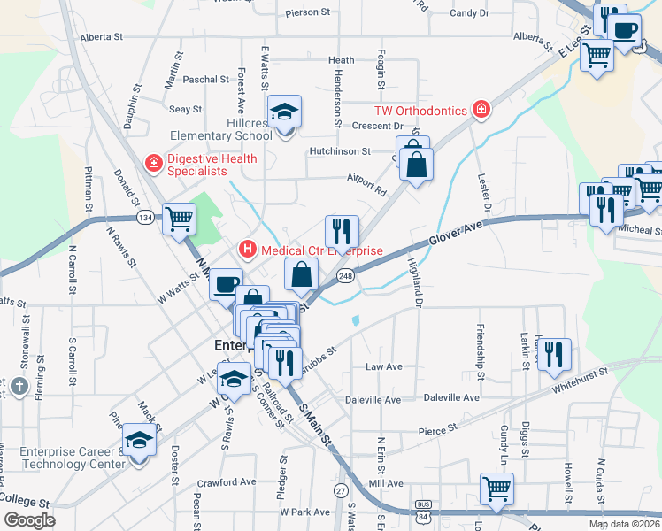 map of restaurants, bars, coffee shops, grocery stores, and more near 407 East Lee Street in Enterprise