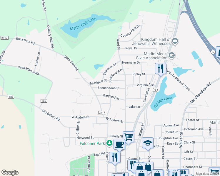 map of restaurants, bars, coffee shops, grocery stores, and more near 299 Shenandoah Street in Marlin