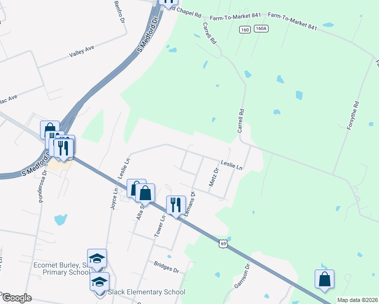 map of restaurants, bars, coffee shops, grocery stores, and more near 803 Leslie Lane in Lufkin