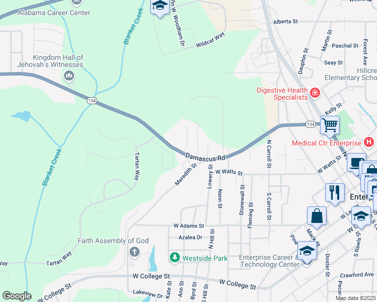 map of restaurants, bars, coffee shops, grocery stores, and more near 104 Cody Drive in Enterprise