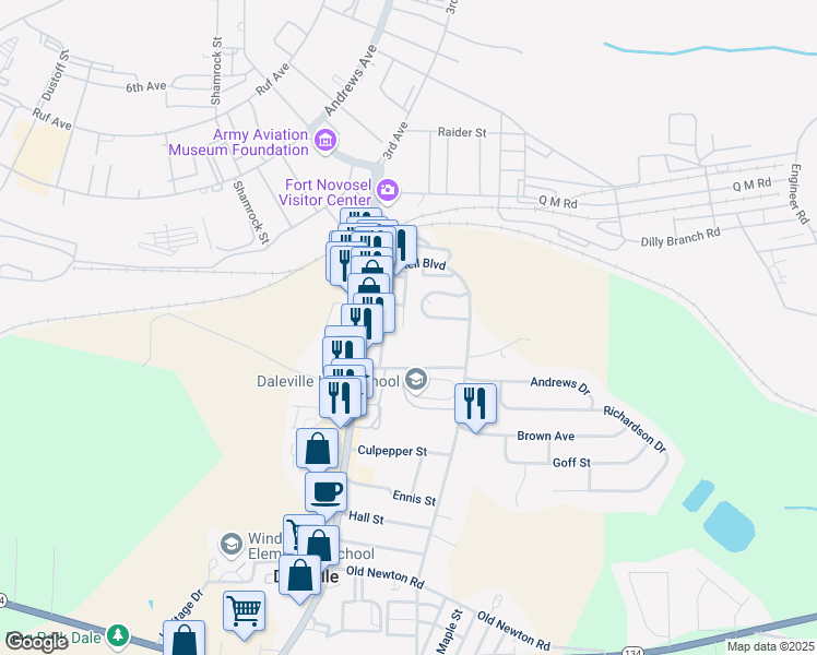 map of restaurants, bars, coffee shops, grocery stores, and more near 10 Woodbridge Court in Daleville