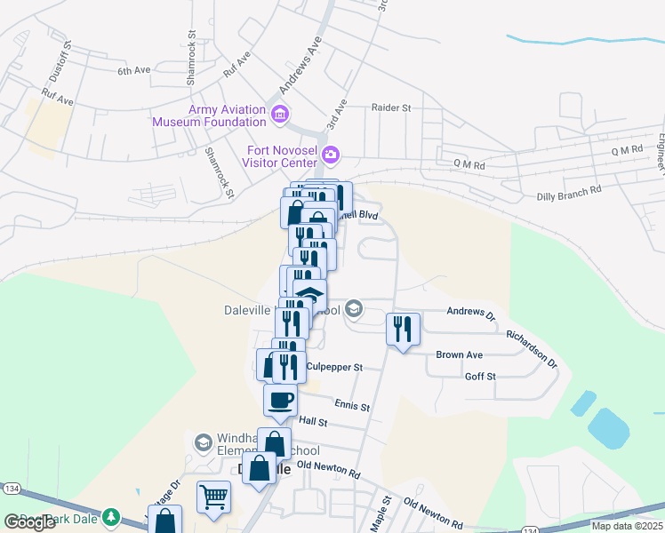 map of restaurants, bars, coffee shops, grocery stores, and more near 90 Fannie Morris Drive in Daleville