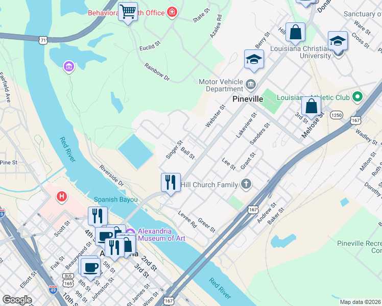 map of restaurants, bars, coffee shops, grocery stores, and more near 100 Ball Street in Pineville