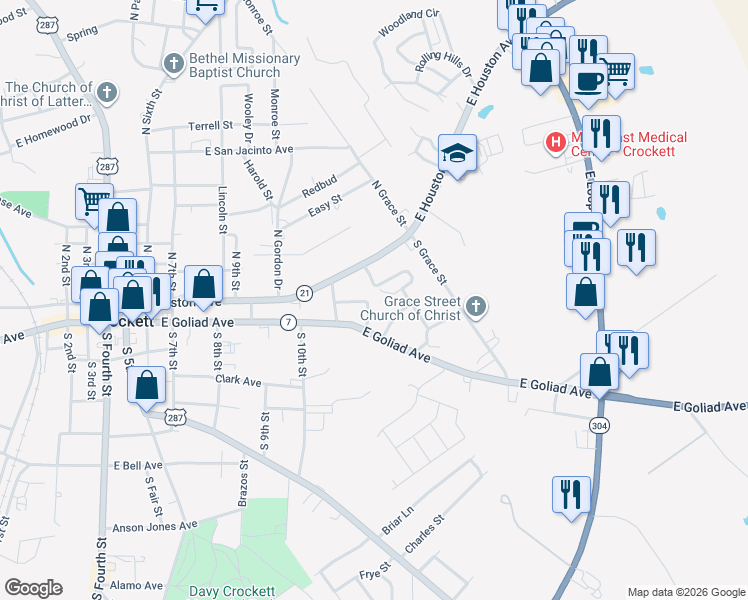 map of restaurants, bars, coffee shops, grocery stores, and more near 100 12th Street in Crockett
