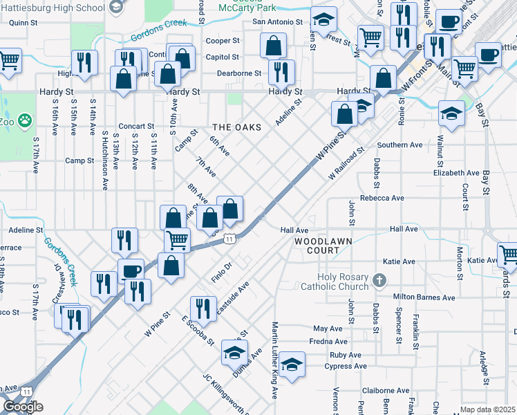 map of restaurants, bars, coffee shops, grocery stores, and more near 1017 West Pine Street in Hattiesburg