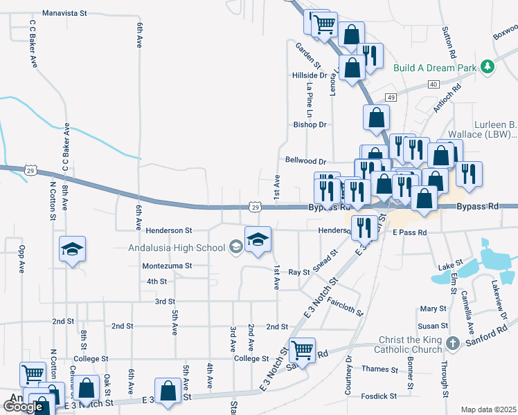 map of restaurants, bars, coffee shops, grocery stores, and more near Martin Luther King Junior Expressway in Andalusia