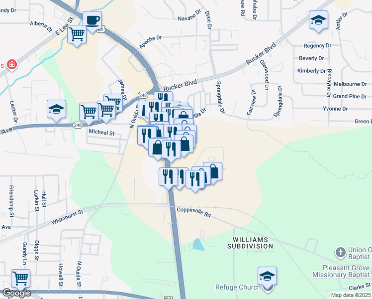 map of restaurants, bars, coffee shops, grocery stores, and more near 620 Boll Weevil Circle in Enterprise