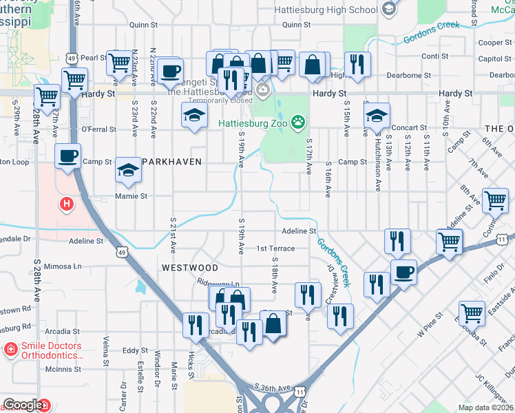 map of restaurants, bars, coffee shops, grocery stores, and more near 1811 Brooklane Drive in Hattiesburg