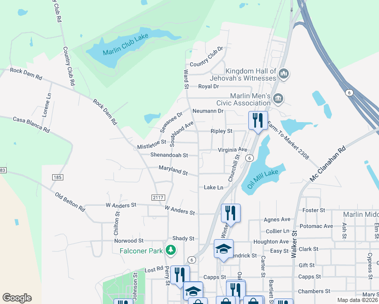 map of restaurants, bars, coffee shops, grocery stores, and more near 101-299 Shenandoah St in Marlin
