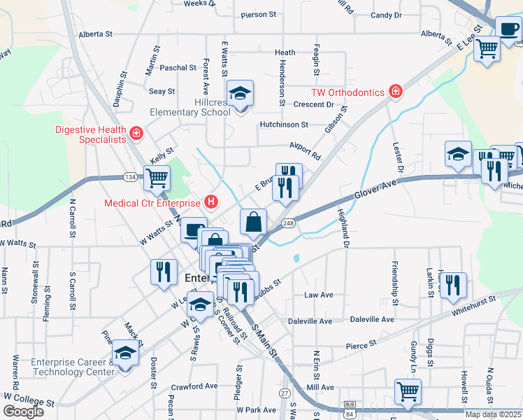 map of restaurants, bars, coffee shops, grocery stores, and more near 157 Walding Street in Enterprise