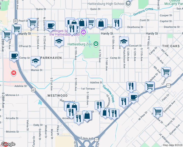 map of restaurants, bars, coffee shops, grocery stores, and more near 1715 Brooklane Drive in Hattiesburg