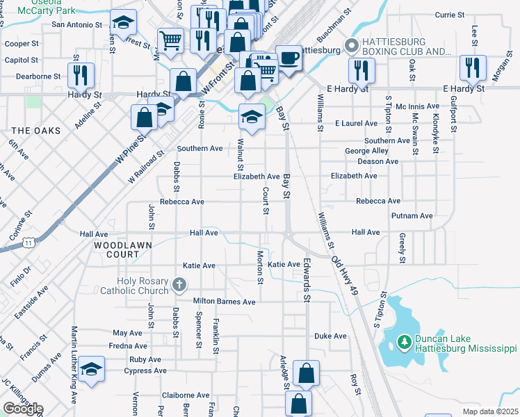 map of restaurants, bars, coffee shops, grocery stores, and more near 604 Court Street in Hattiesburg