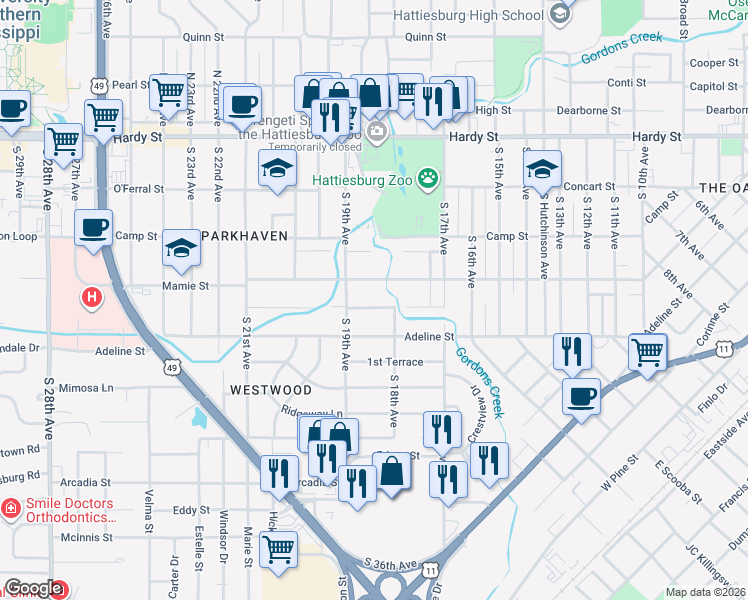 map of restaurants, bars, coffee shops, grocery stores, and more near 1811 Brooklane Drive in Hattiesburg