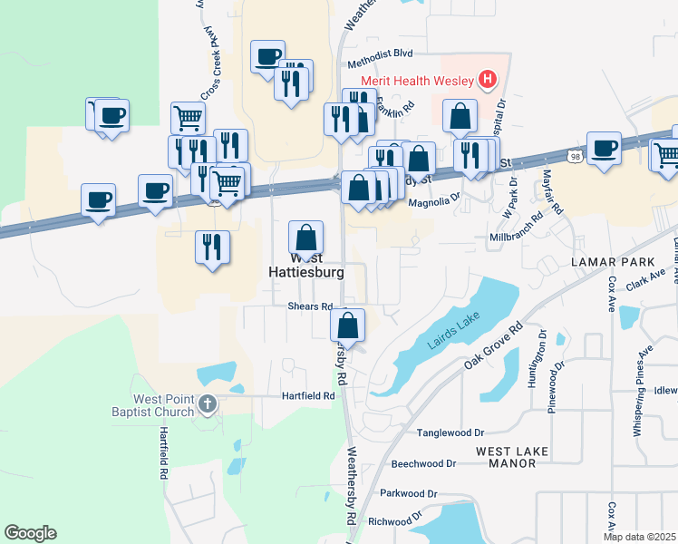 map of restaurants, bars, coffee shops, grocery stores, and more near 647 Weathersby Road in Hattiesburg