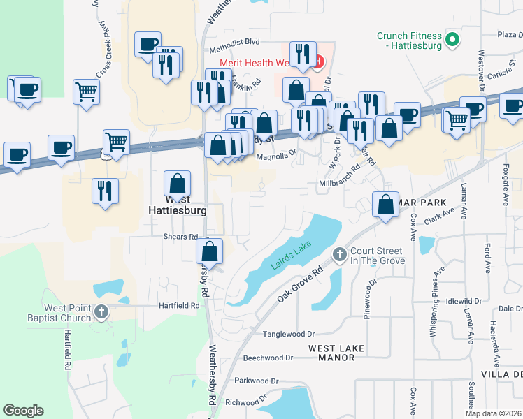 map of restaurants, bars, coffee shops, grocery stores, and more near 9 Azalea Avenue in Hattiesburg