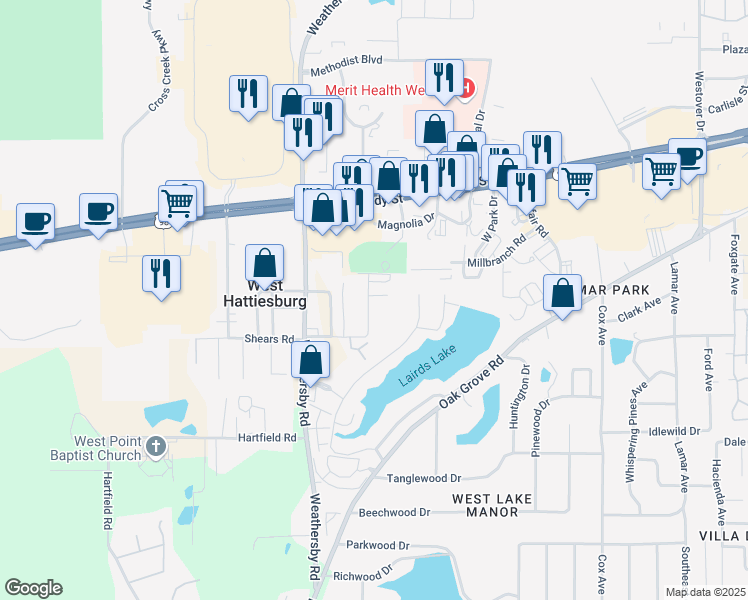 map of restaurants, bars, coffee shops, grocery stores, and more near 49 Hillcrest Drive in Hattiesburg