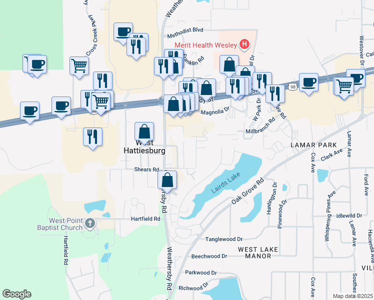 map of restaurants, bars, coffee shops, grocery stores, and more near 46A Hillcrest Drive in Hattiesburg