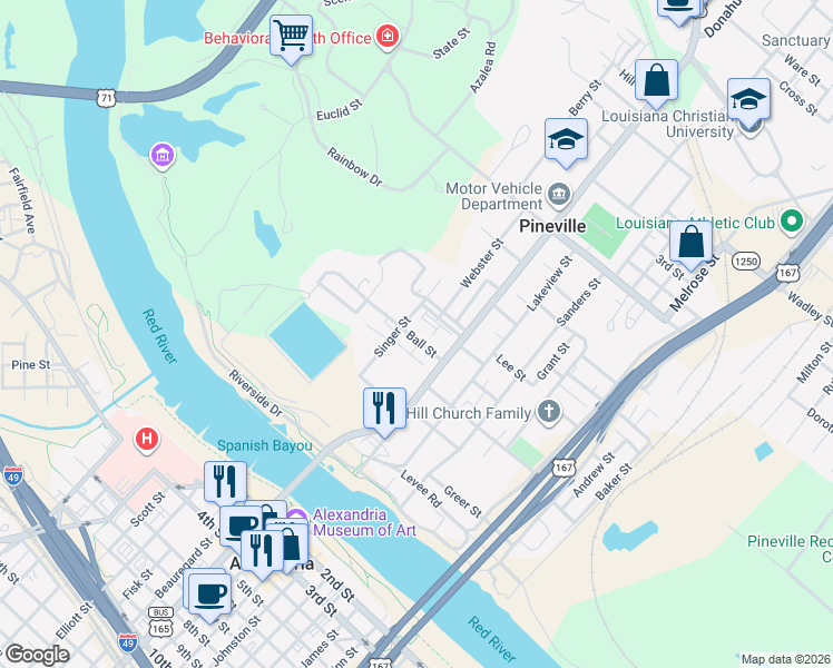 map of restaurants, bars, coffee shops, grocery stores, and more near 100 Ball Street in Pineville