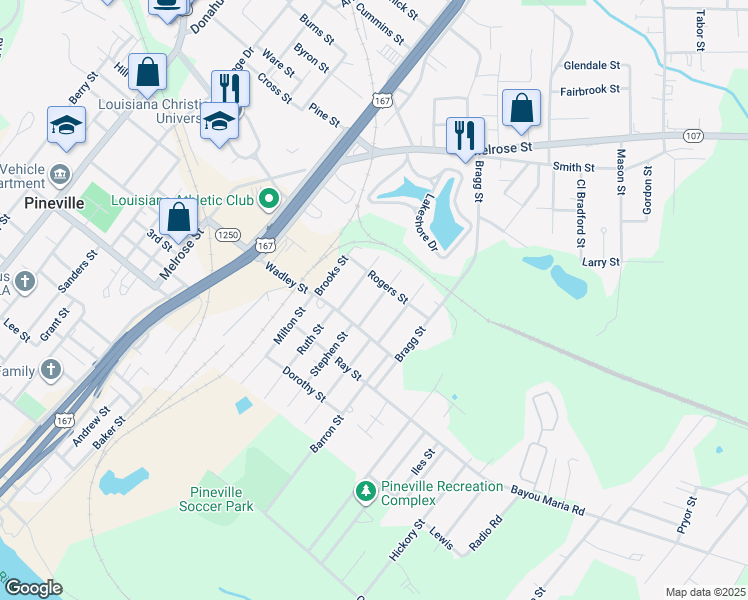 map of restaurants, bars, coffee shops, grocery stores, and more near 113 Allen Street in Pineville